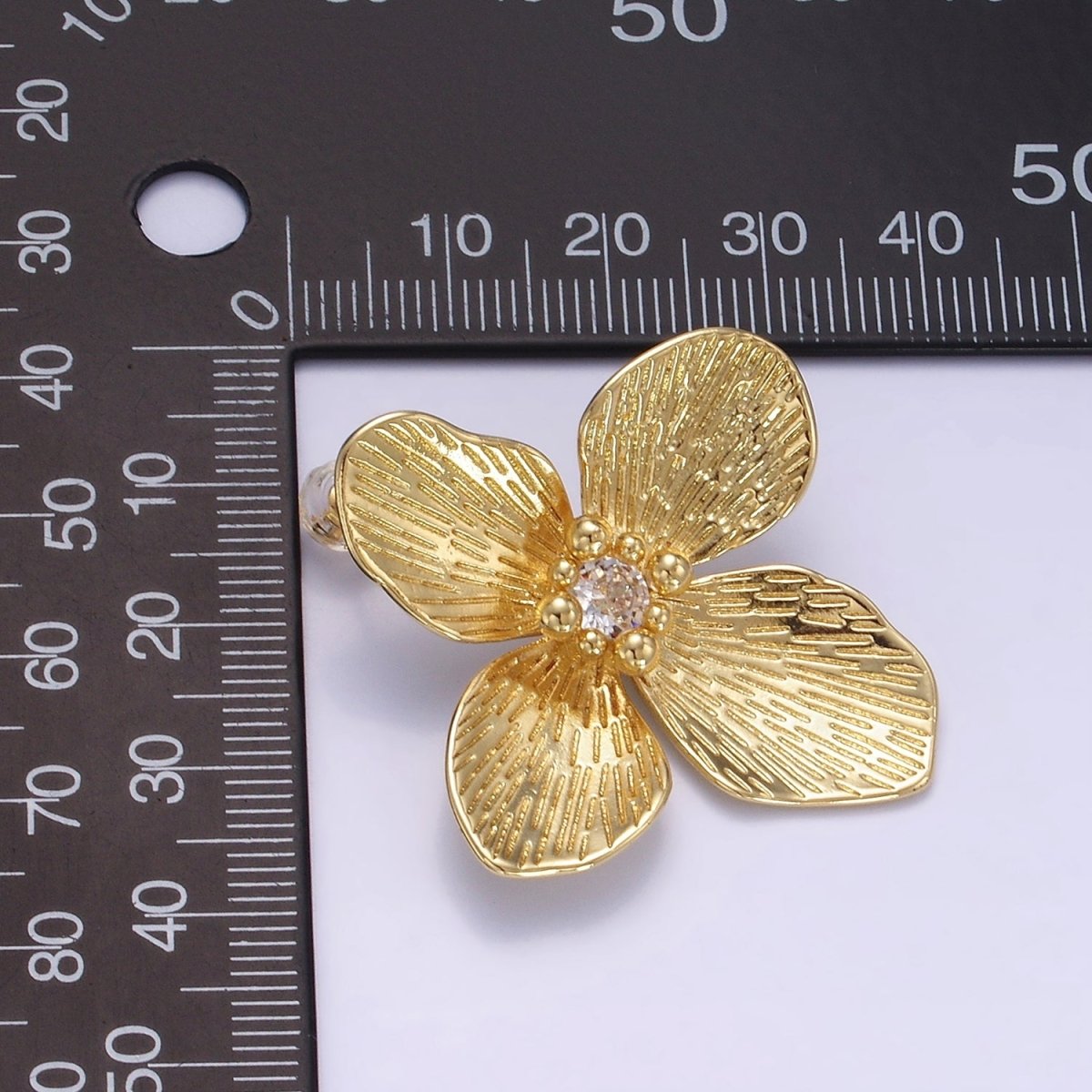 14K Gold Filled 40mm Clear CZ Line-Textured Flower Stud Earrings in Gold & Mixed Metal | P-507 P-504