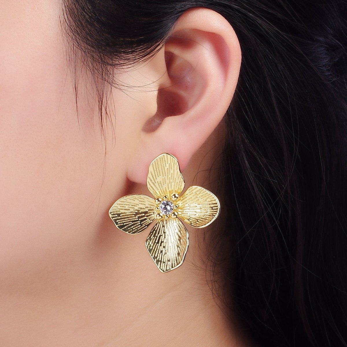 14K Gold Filled 40mm Clear CZ Line-Textured Flower Stud Earrings in Gold & Mixed Metal | P-507 P-504