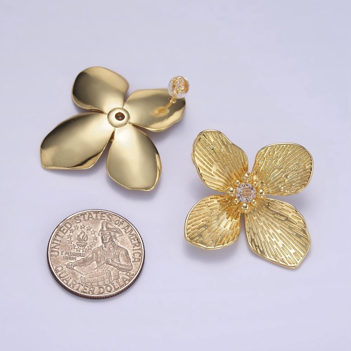 14K Gold Filled 40mm Clear CZ Line-Textured Flower Stud Earrings in Gold & Mixed Metal | P-507 P-504