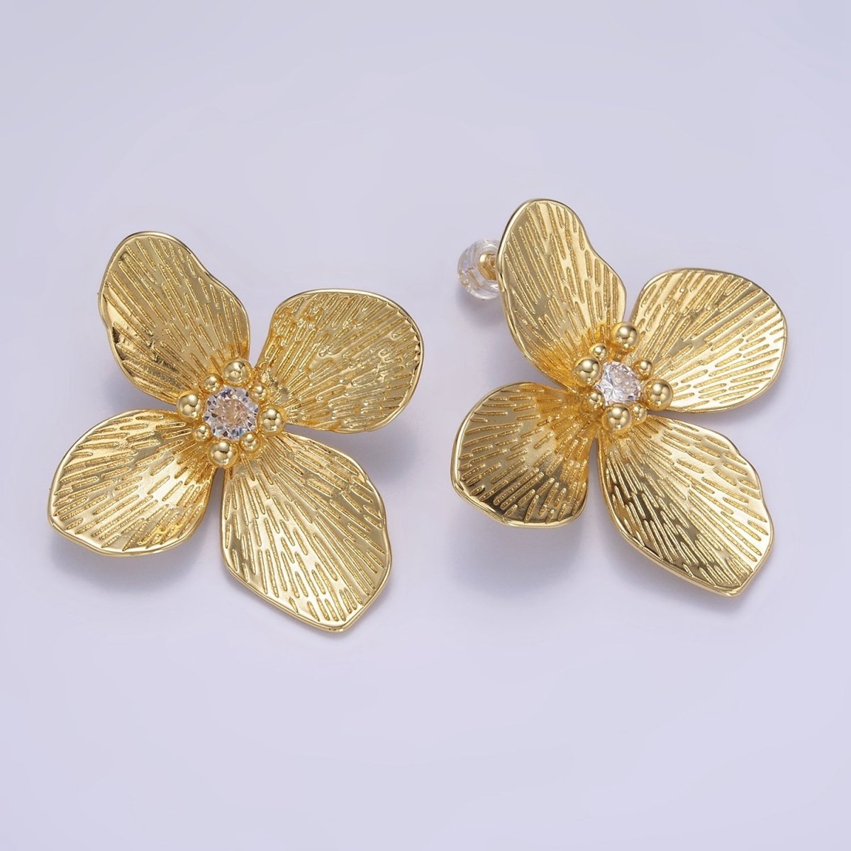 14K Gold Filled 40mm Clear CZ Line-Textured Flower Stud Earrings in Gold & Mixed Metal | P-507 P-504