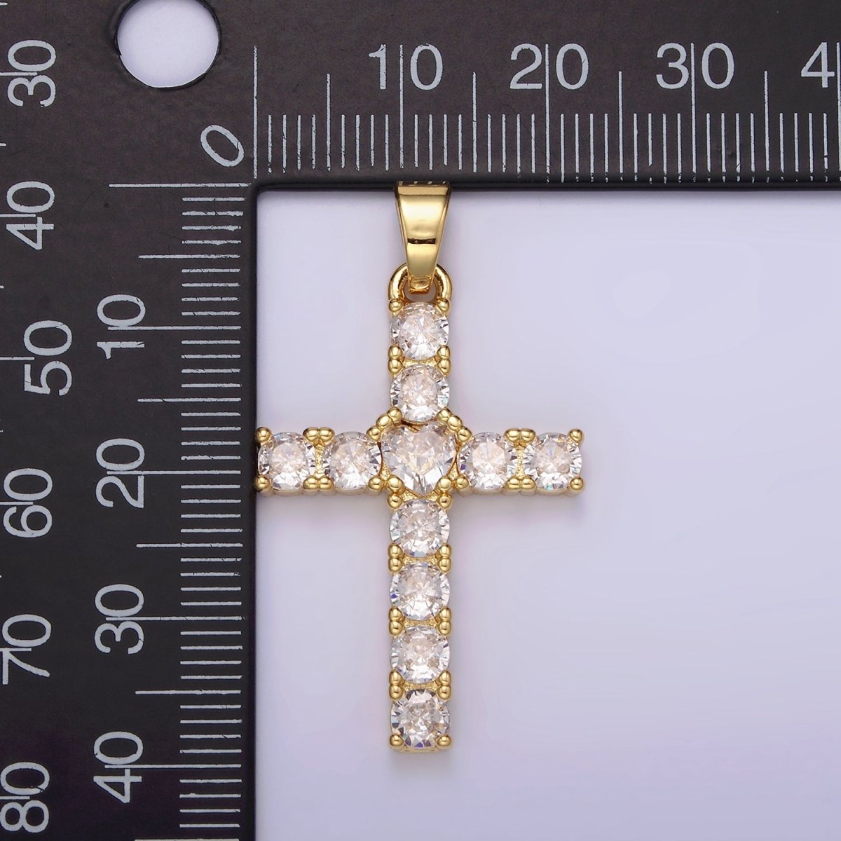 14K Gold Filled 40mm Clear Round CZ Lined Religious Cross Pendant | N1287 - DLUXCA