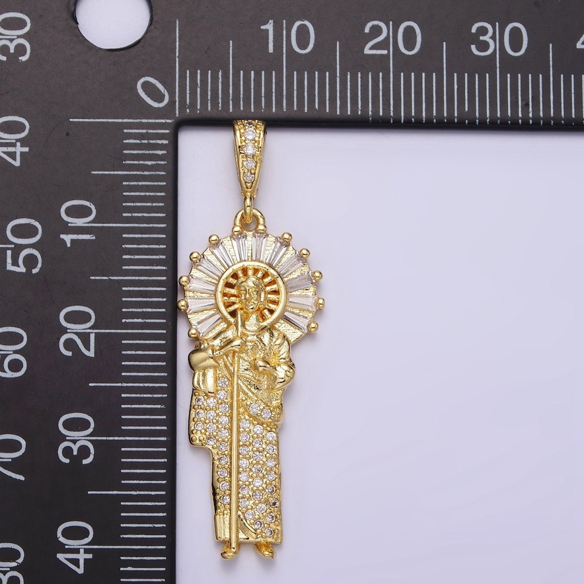 14K Gold Filled 40mm Saint Jude Clear Baguette Micro Paved CZ Bail Pendant | AA - DLUXCA