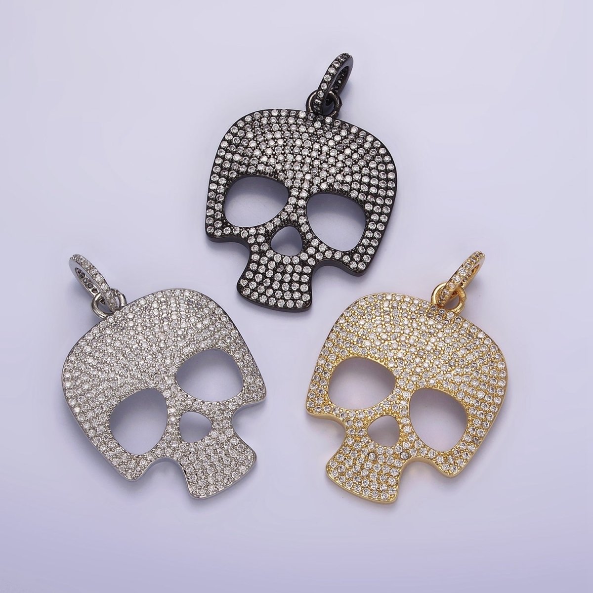 14K Gold Filled 40mm Skeleton Skull Clear Micro Paved CZ Charm in Black, Gold & Silver | AC845 - AC847