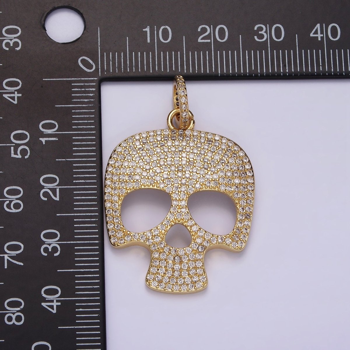 14K Gold Filled 40mm Skeleton Skull Clear Micro Paved CZ Charm in Black, Gold & Silver | AC845 - AC847