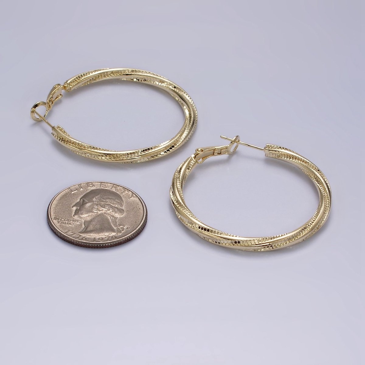 14K Gold Filled 40mm Textured Spiral Hinge Hoop Earrings in Gold & Silver | AE299 AE300