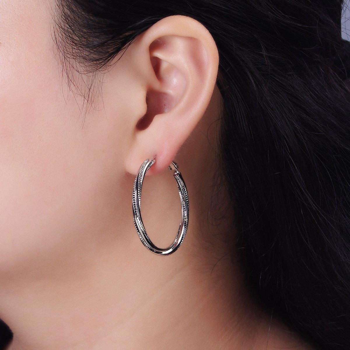 14K Gold Filled 40mm Textured Spiral Hinge Hoop Earrings in Gold & Silver | AE299 AE300