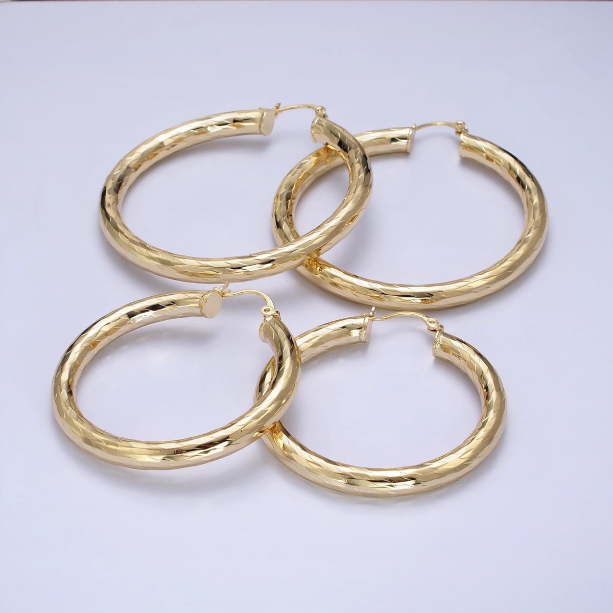 14K Gold Filled 45mm, 55mm Rectangular Multifaceted Twist French Lock Latch Earrings | AE012 AE013