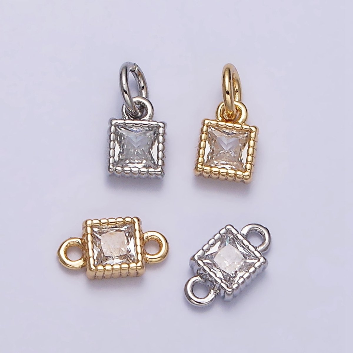14K Gold Filled 4mm Clear Square CZ Beaded Charm in Gold & Silver | AC1323 AC1324