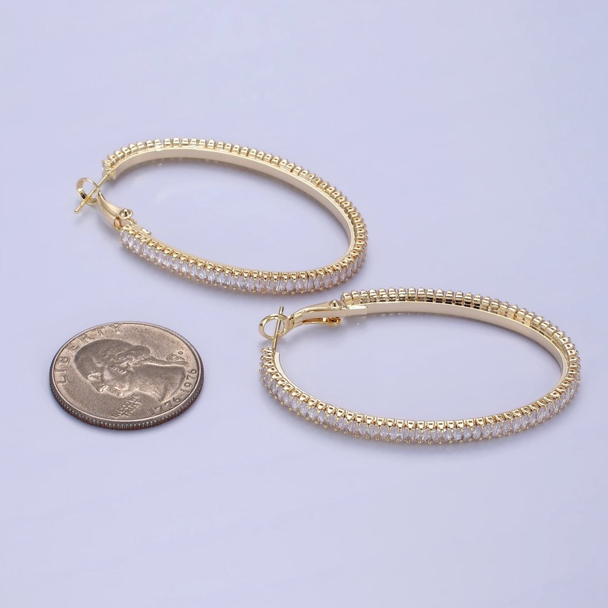 14K Gold Filled 50mm Clear CZ Baguette Tennis Hinge Hoop Earrings in Gold & Silver | AE503 AE504