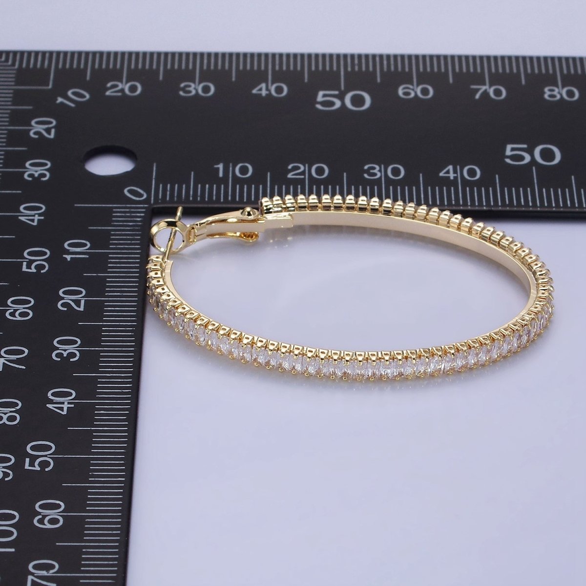 14K Gold Filled 50mm Clear CZ Baguette Tennis Hinge Hoop Earrings in Gold & Silver | AE503 AE504