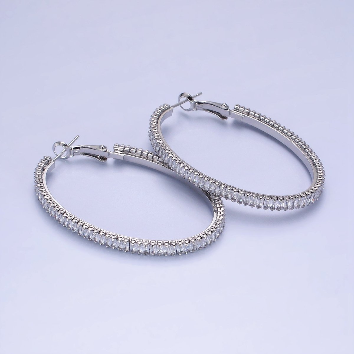 14K Gold Filled 50mm Clear CZ Baguette Tennis Hinge Hoop Earrings in Gold & Silver | AE503 AE504
