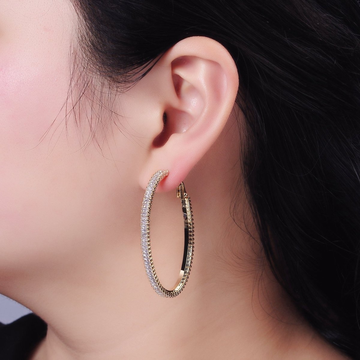 14K Gold Filled 50mm Clear CZ Baguette Tennis Hinge Hoop Earrings in Gold & Silver | AE503 AE504