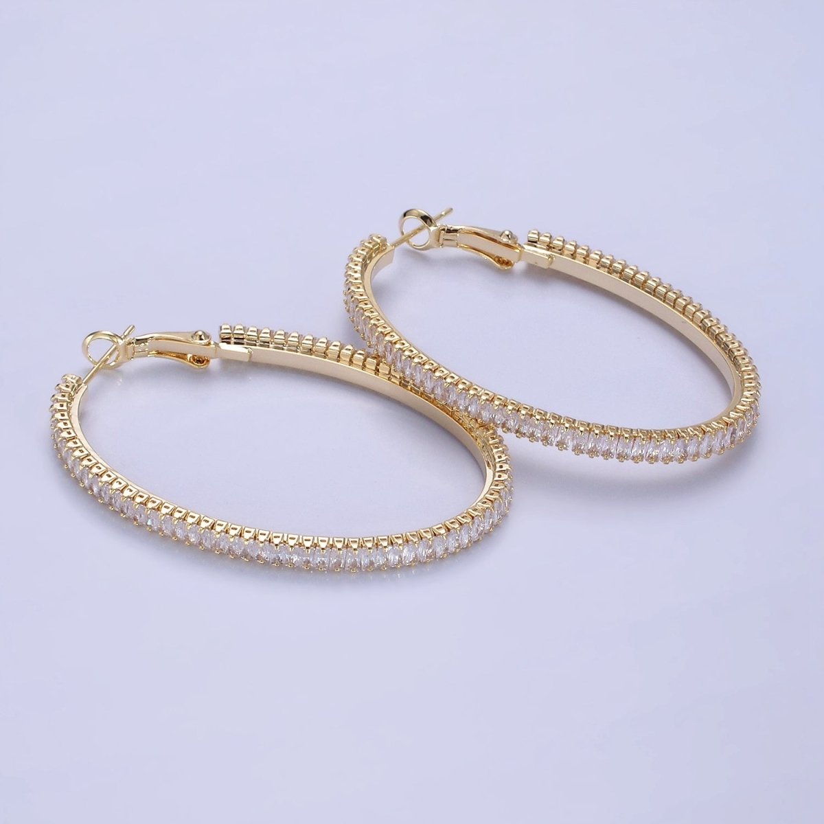 14K Gold Filled 50mm Clear CZ Baguette Tennis Hinge Hoop Earrings in Gold & Silver | AE503 AE504