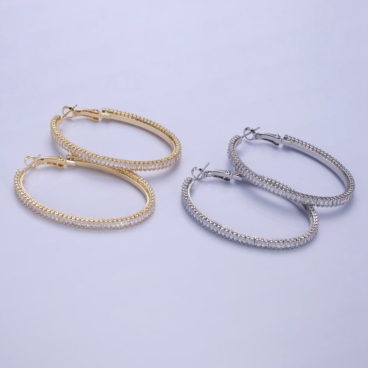 14K Gold Filled 50mm Clear CZ Baguette Tennis Hinge Hoop Earrings in Gold & Silver | AE503 AE504