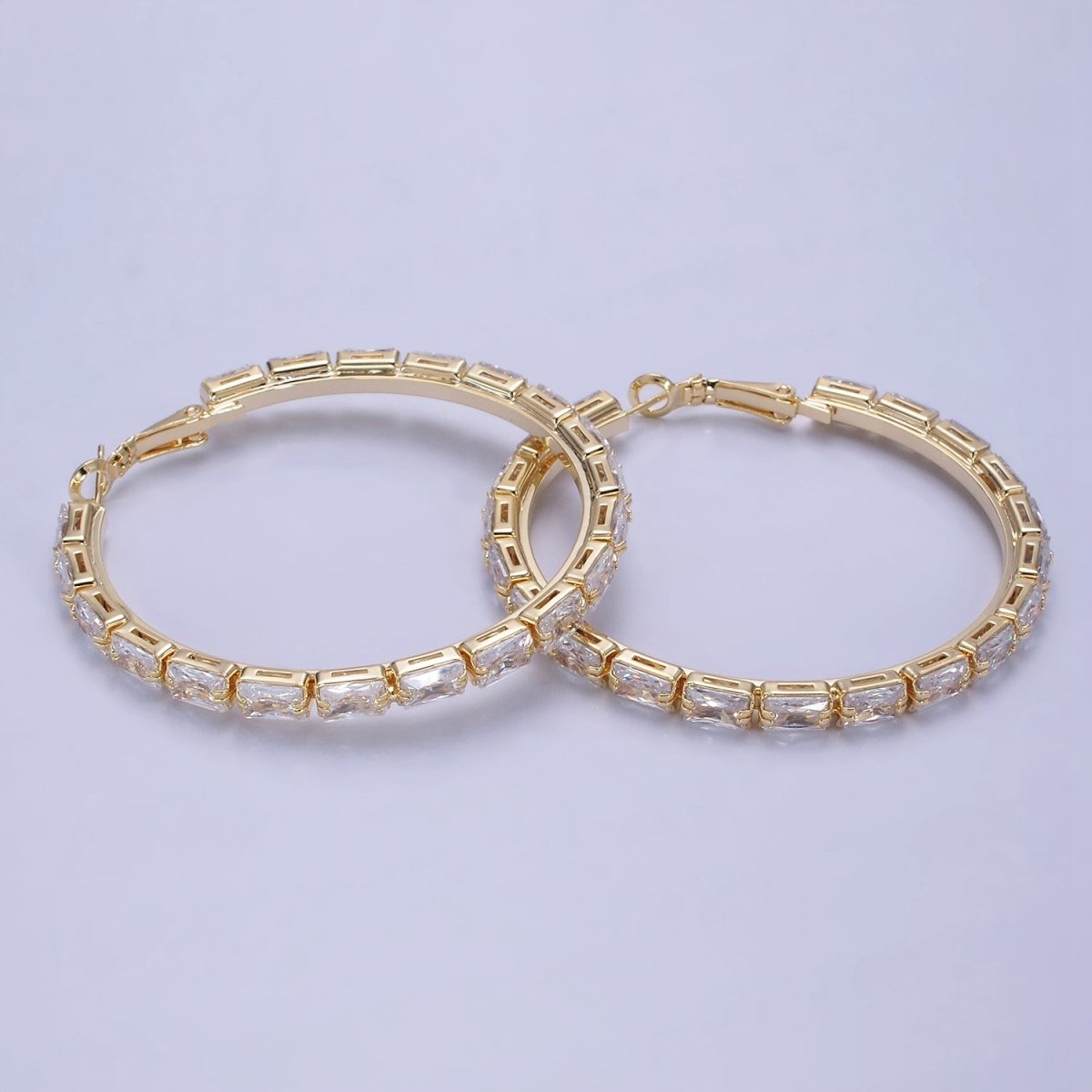 14K Gold Filled 55mm Clear CZ Baguette Hinge Hoop Earrings in Gold & Silver | AE493 AE494