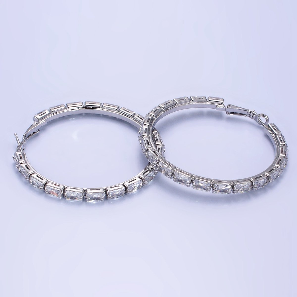 14K Gold Filled 55mm Clear CZ Baguette Hinge Hoop Earrings in Gold & Silver | AE493 AE494