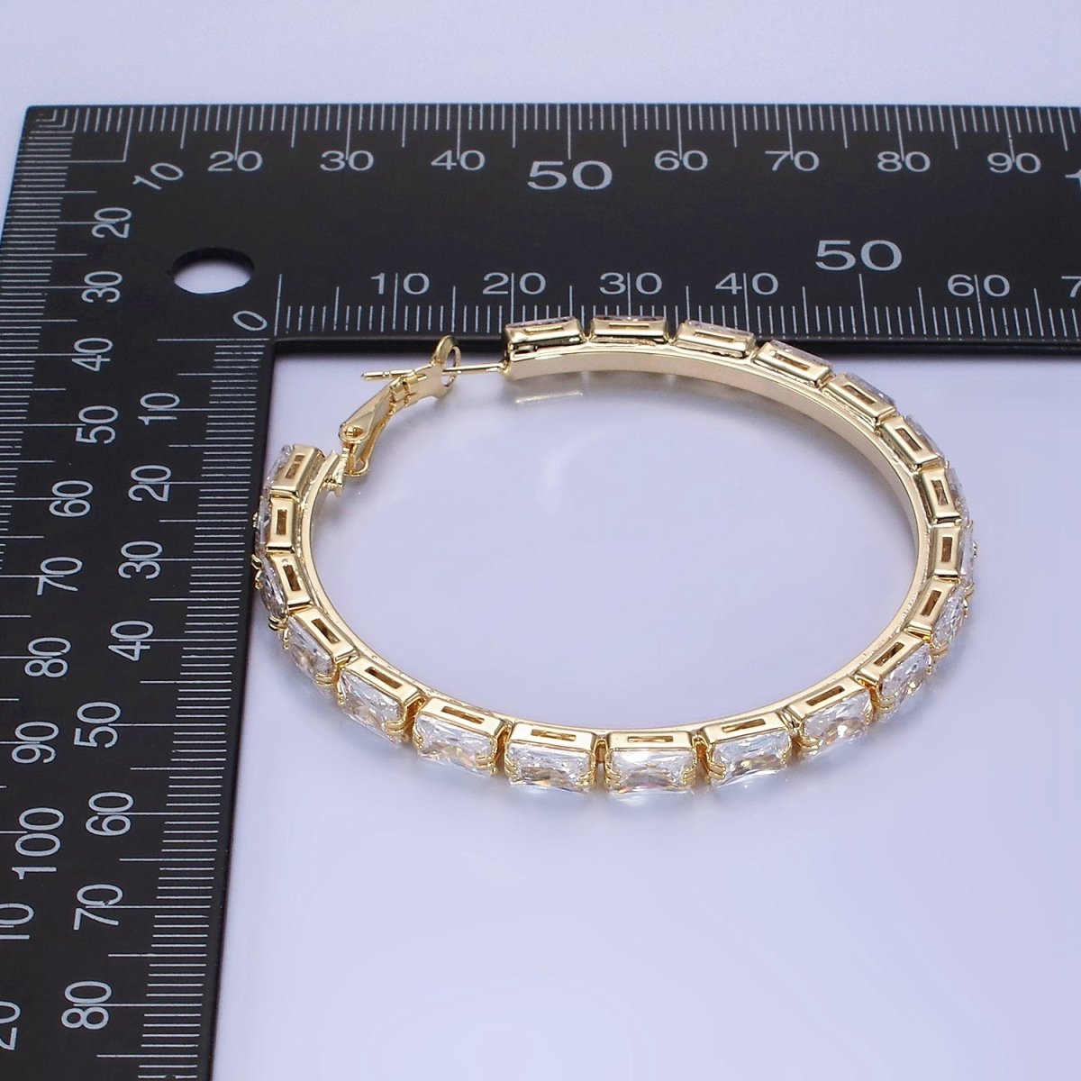 14K Gold Filled 55mm Clear CZ Baguette Hinge Hoop Earrings in Gold & Silver | AE493 AE494