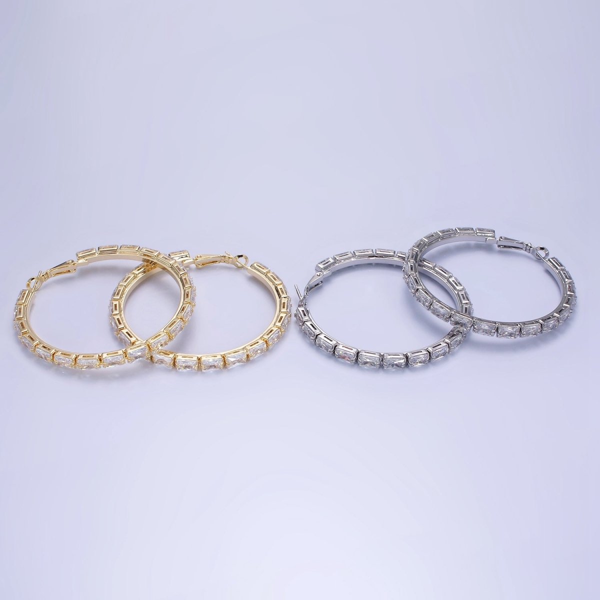14K Gold Filled 55mm Clear CZ Baguette Hinge Hoop Earrings in Gold & Silver | AE493 AE494