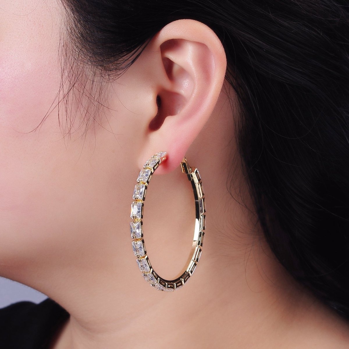 14K Gold Filled 55mm Clear CZ Baguette Hinge Hoop Earrings in Gold & Silver | AE493 AE494