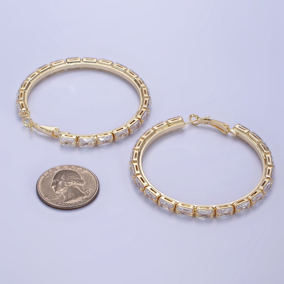 14K Gold Filled 55mm Clear CZ Baguette Hinge Hoop Earrings in Gold & Silver | AE493 AE494