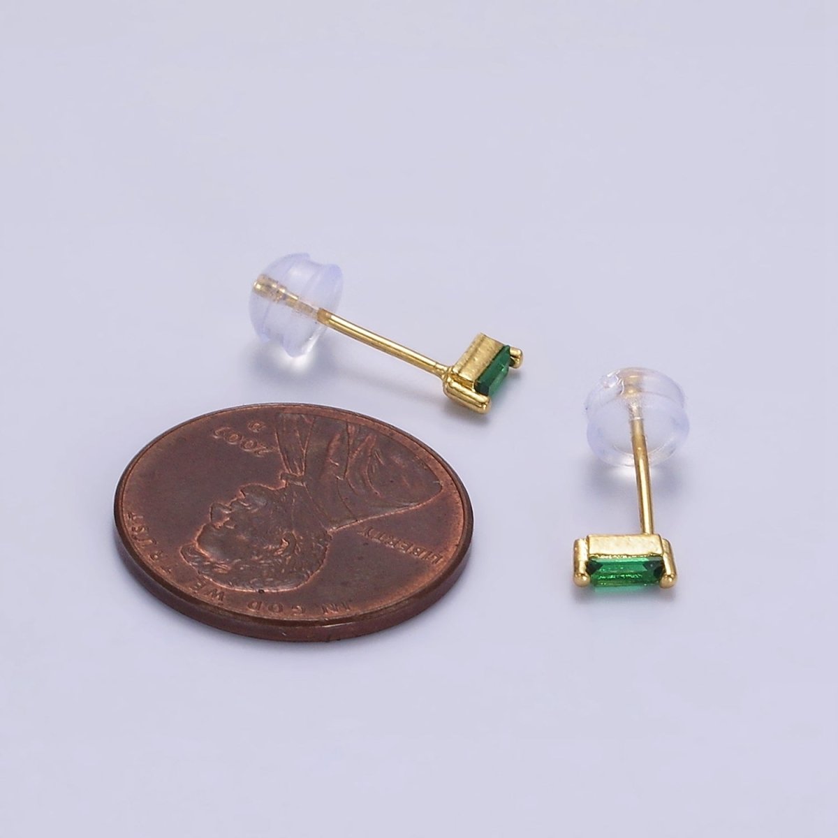14K Gold Filled 5mm Green, Purple, Fuchsia, Clear, Pink, Blue CZ Baguette Stud Earrings | AE664 - AE669