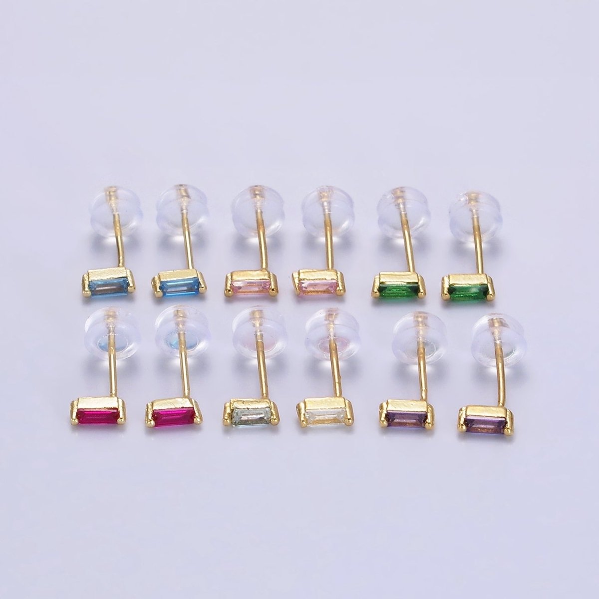 14K Gold Filled 5mm Green, Purple, Fuchsia, Clear, Pink, Blue CZ Baguette Stud Earrings | AE664 - AE669