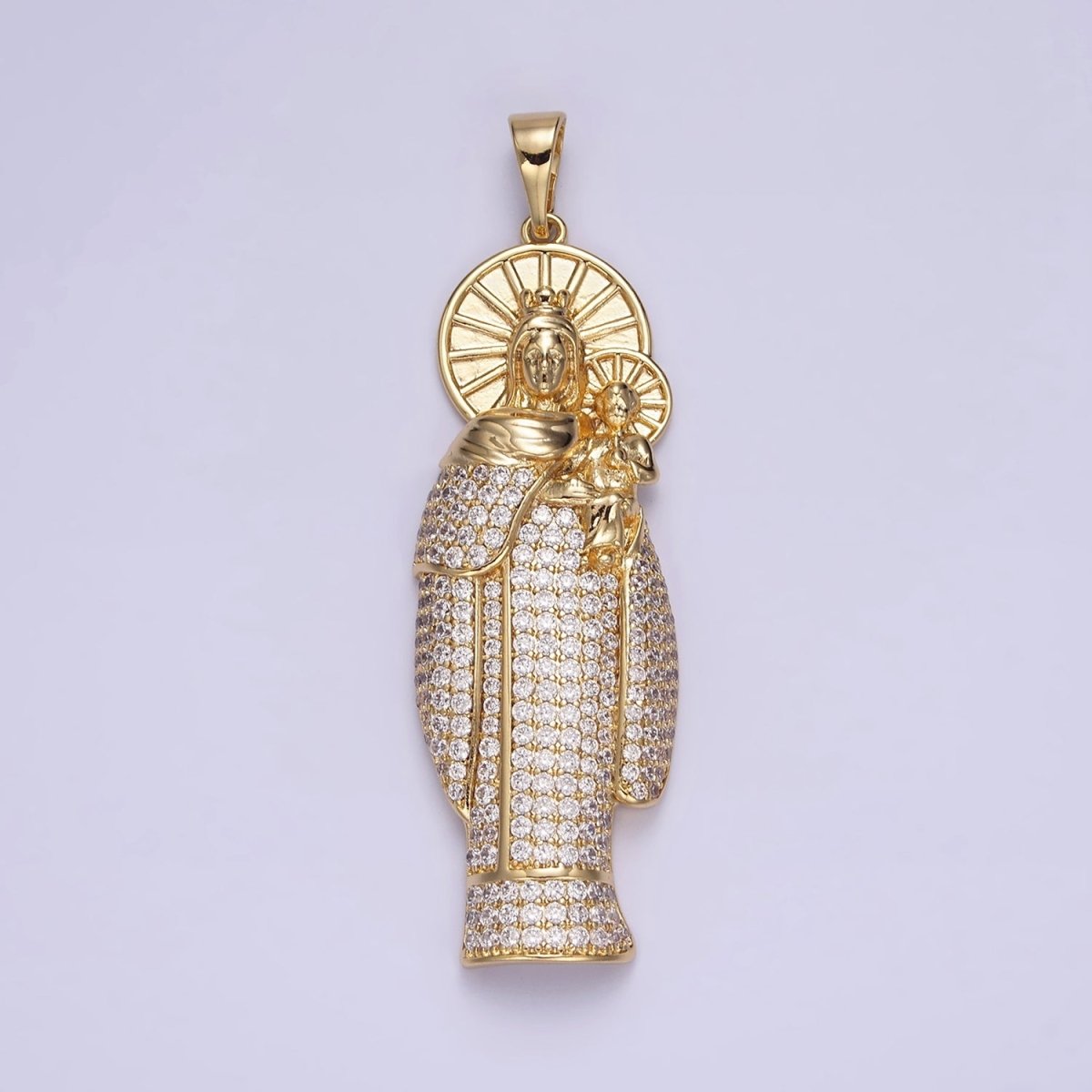 14K Gold Filled 65mm Double Sunburst Lady Guadalupe Clear Micro Paved Pendant | AA648 - DLUXCA