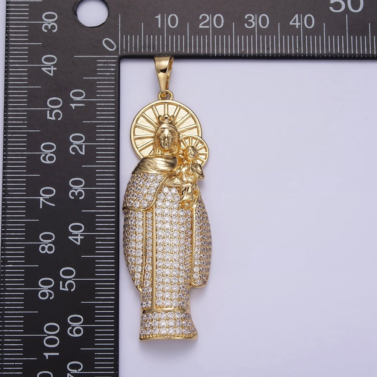 14K Gold Filled 65mm Double Sunburst Lady Guadalupe Clear Micro Paved Pendant | AA648 - DLUXCA