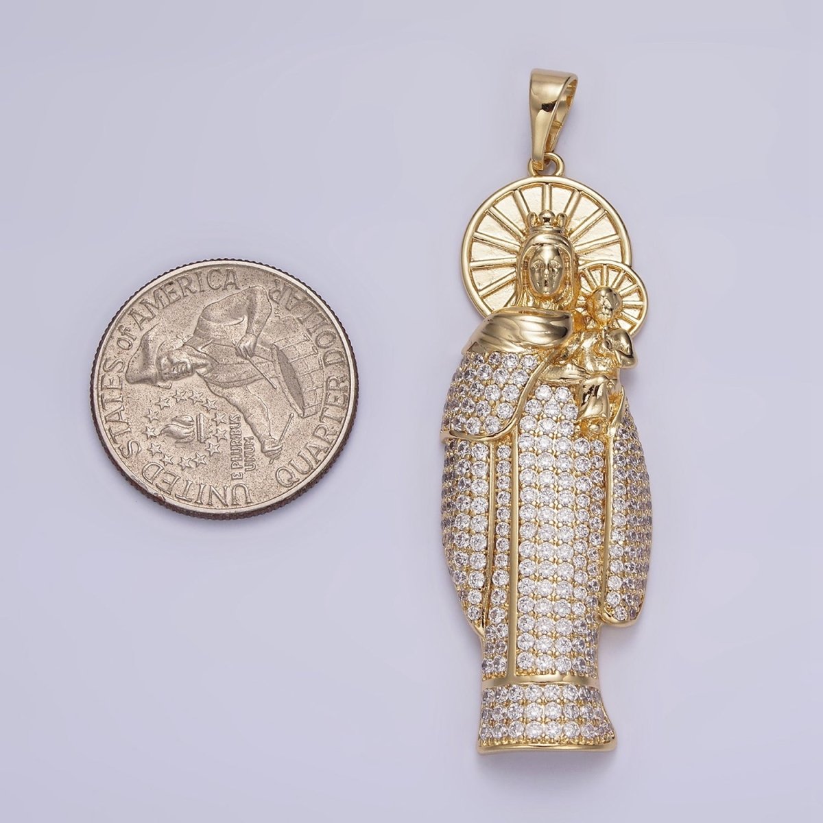 14K Gold Filled 65mm Double Sunburst Lady Guadalupe Clear Micro Paved Pendant | AA648 - DLUXCA