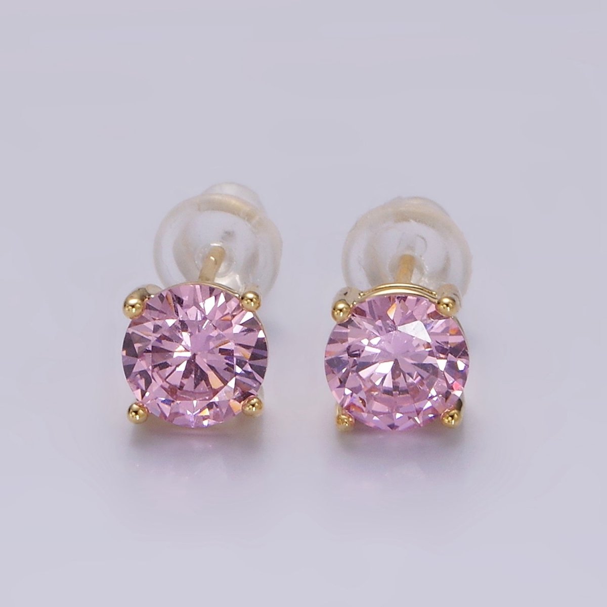 14K Gold Filled 6mm Clear, Pink, Blue, Green CZ Round Stud Earrings in Gold & Silver | V342 - V353
