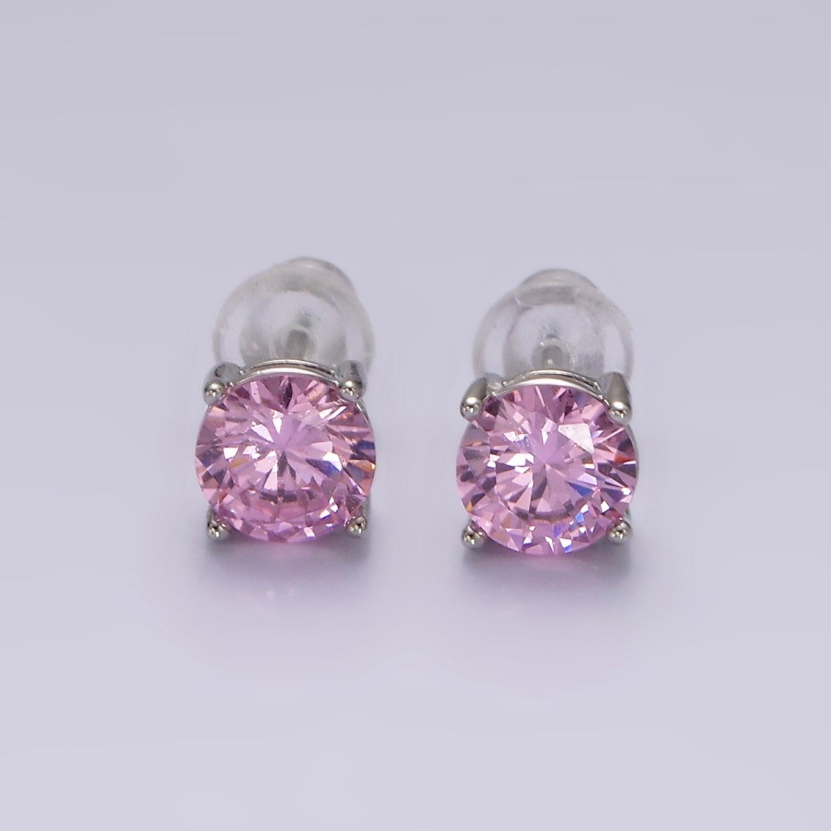 14K Gold Filled 6mm Clear, Pink, Blue, Green CZ Round Stud Earrings in Gold & Silver | V342 - V353