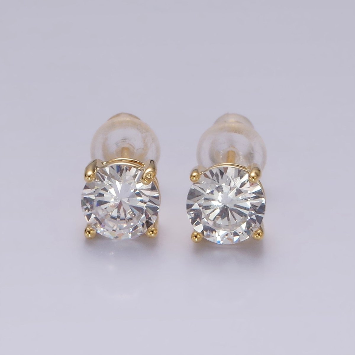 14K Gold Filled 6mm Clear, Pink, Blue, Green CZ Round Stud Earrings in Gold & Silver | V342 - V353
