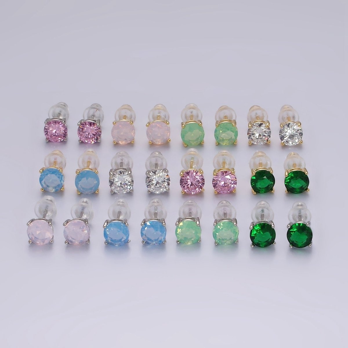 14K Gold Filled 6mm Clear, Pink, Blue, Green CZ Round Stud Earrings in Gold & Silver | V342 - V353