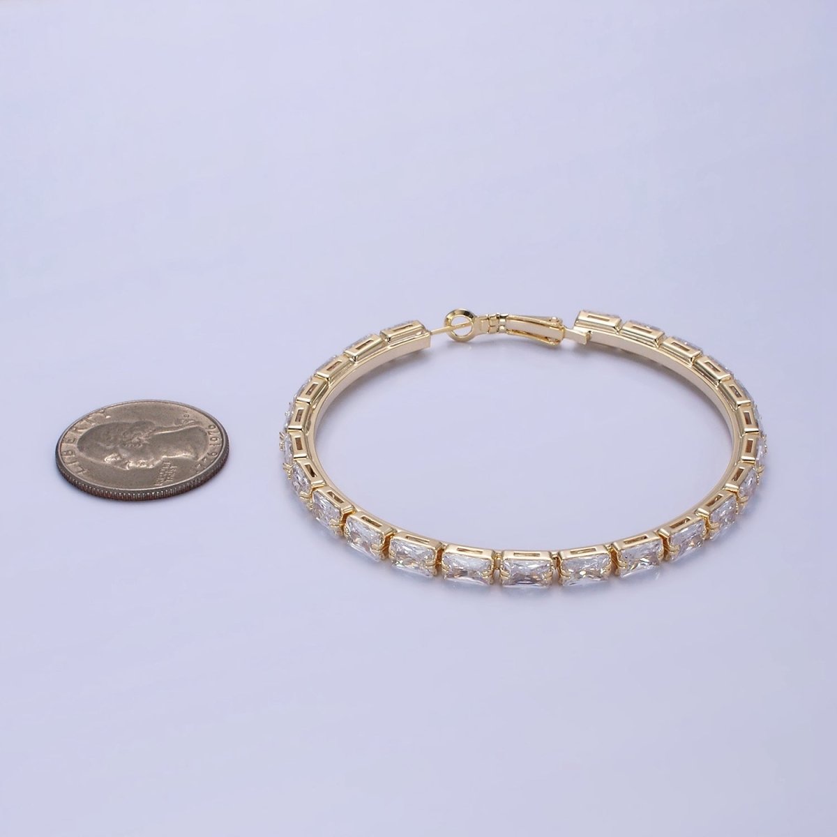 14K Gold Filled 70mm Clear CZ Baguette Lined Hinge Hoop Earrings in Gold & Silver | AE511 AE512