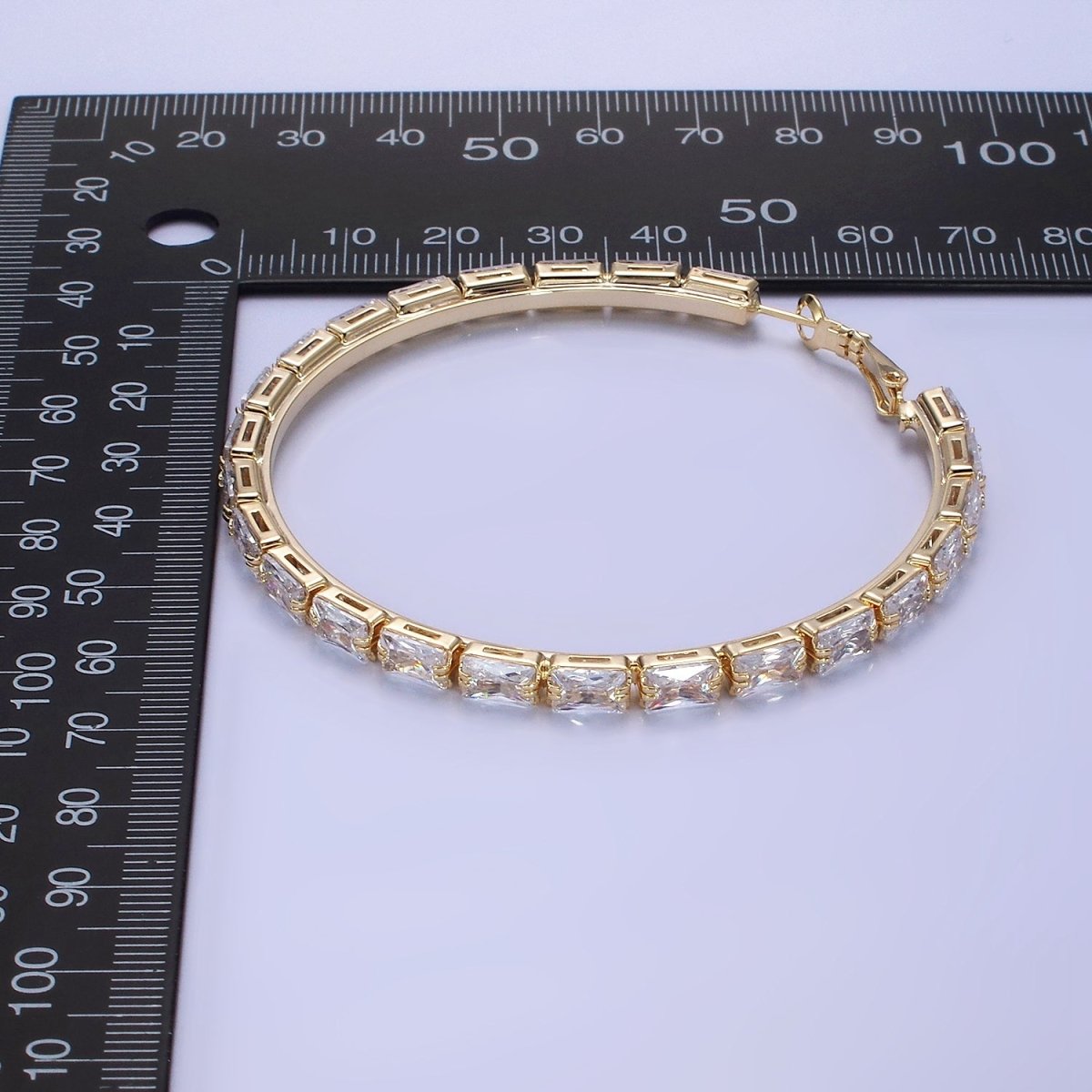 14K Gold Filled 70mm Clear CZ Baguette Lined Hinge Hoop Earrings in Gold & Silver | AE511 AE512