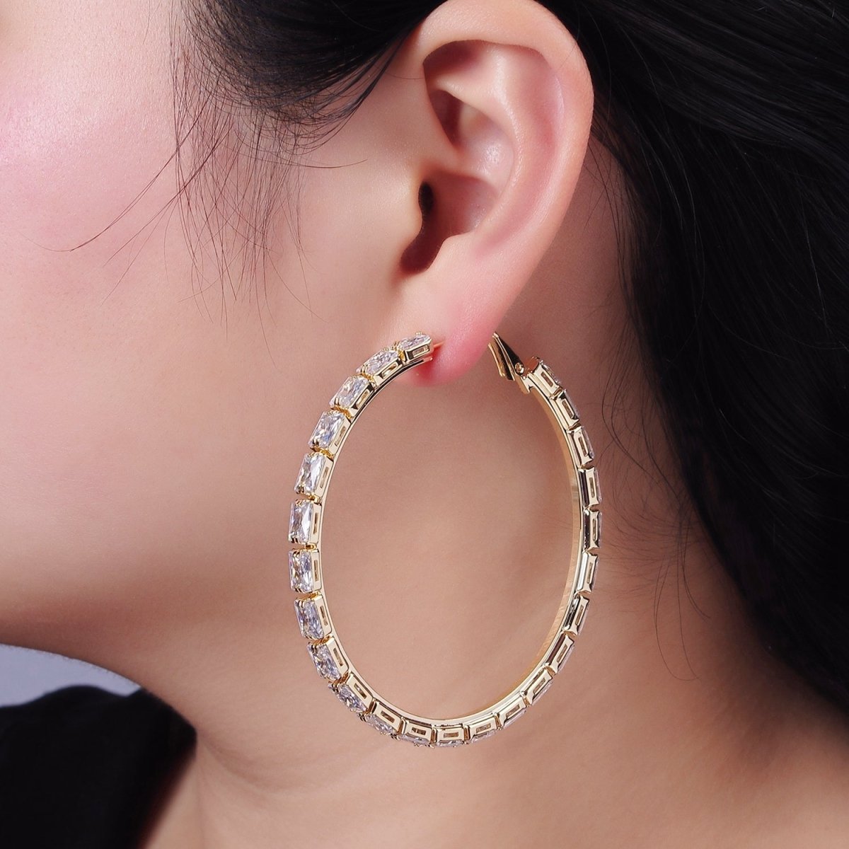 14K Gold Filled 70mm Clear CZ Baguette Lined Hinge Hoop Earrings in Gold & Silver | AE511 AE512
