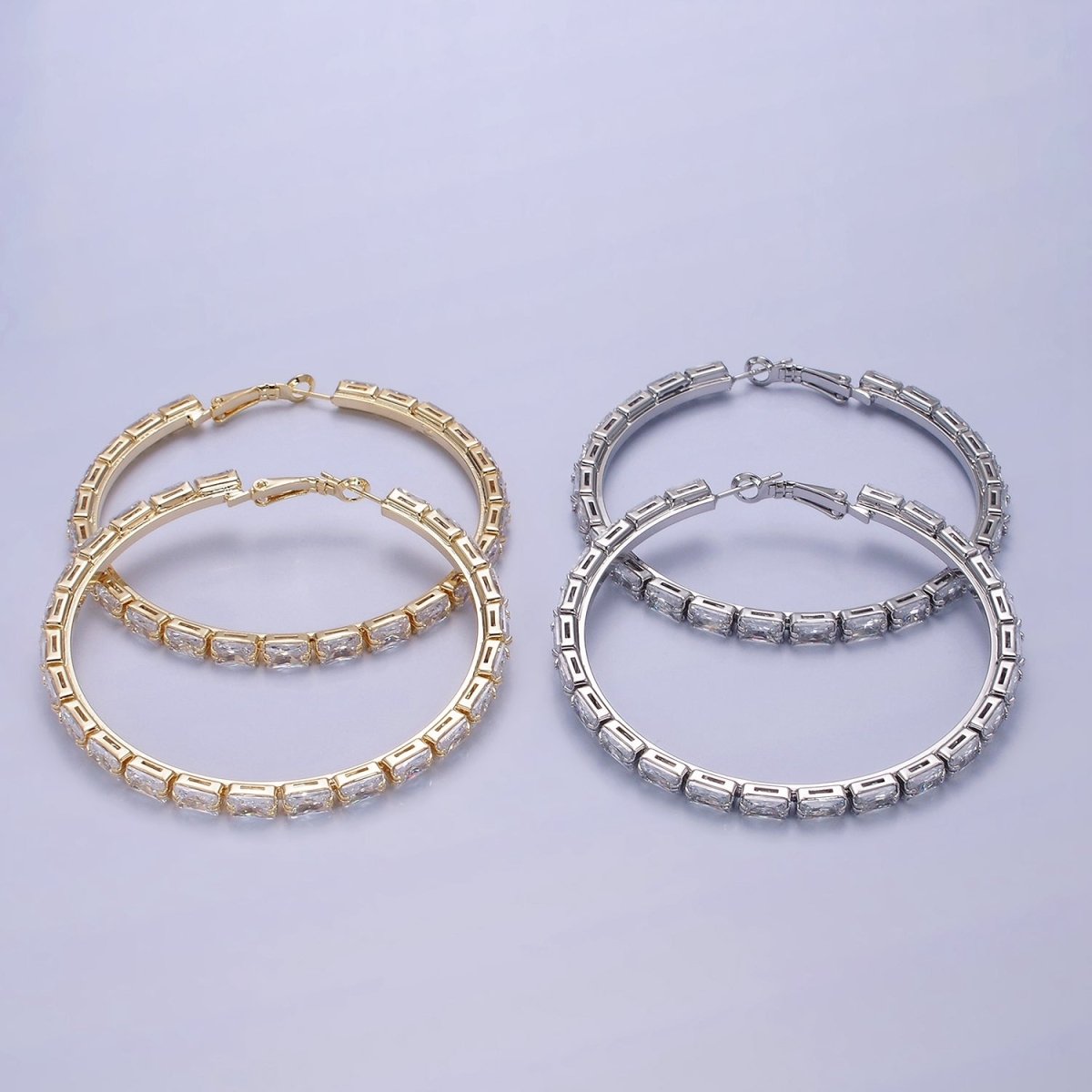 14K Gold Filled 70mm Clear CZ Baguette Lined Hinge Hoop Earrings in Gold & Silver | AE511 AE512