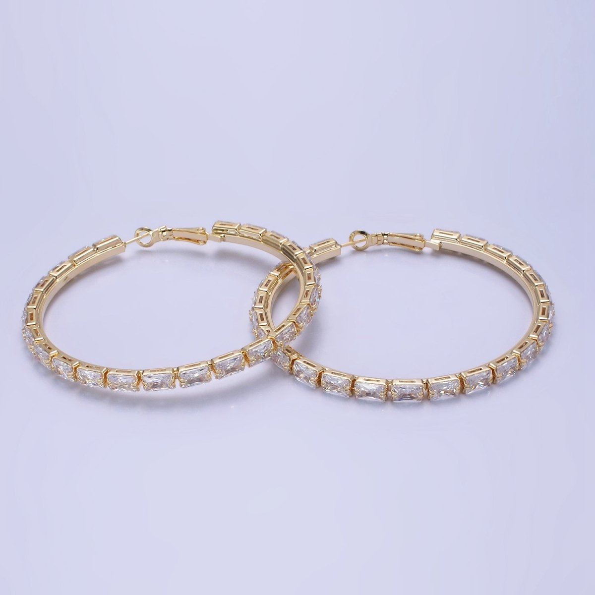 14K Gold Filled 70mm Clear CZ Baguette Lined Hinge Hoop Earrings in Gold & Silver | AE511 AE512