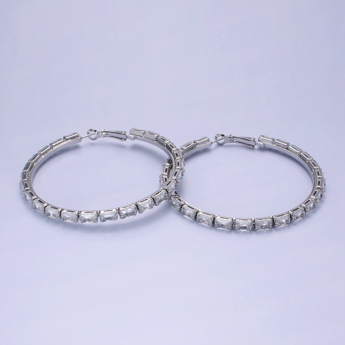 14K Gold Filled 70mm Clear CZ Baguette Lined Hinge Hoop Earrings in Gold & Silver | AE511 AE512