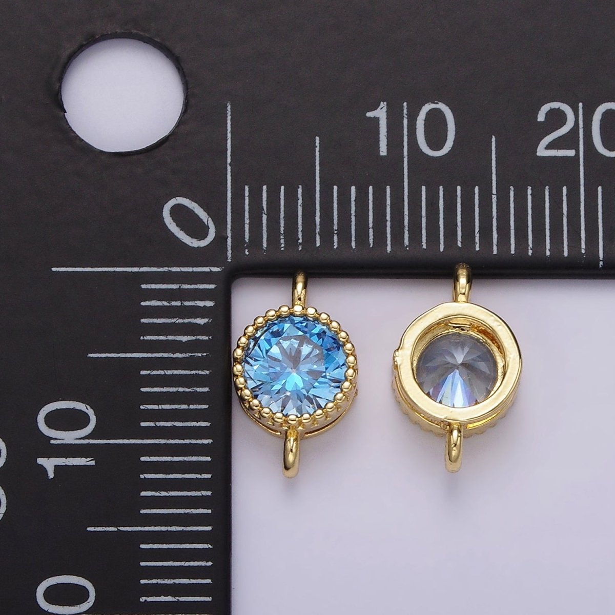14K Gold Filled 7mm Blue, Baby Blue CZ Round Bezel Connector | G178 G179