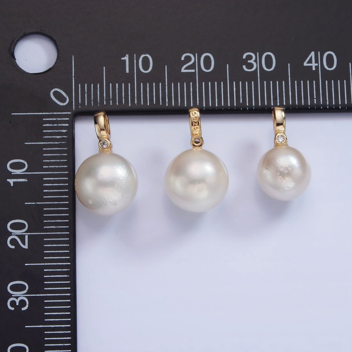 OS 14K Gold Filled 8mm, 10mm White Round Pearl CZ Bail Pendant | P1684