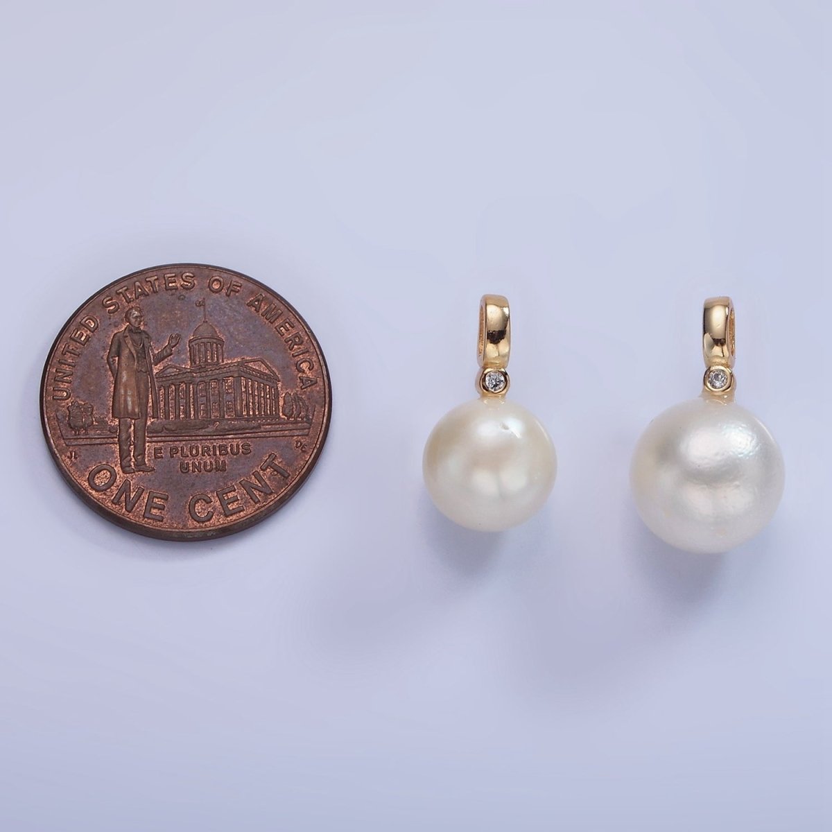 OS 14K Gold Filled 8mm, 10mm White Round Pearl CZ Bail Pendant | P1684