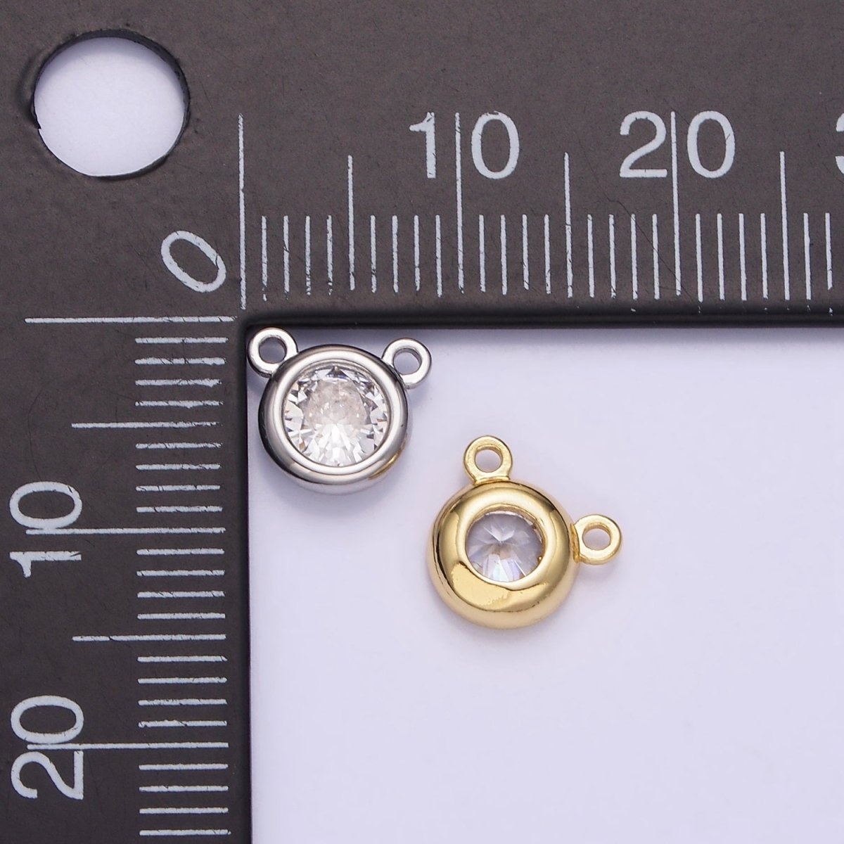 14K Gold Filled 8mm Clear CZ Round Bezel Connector in Gold & Silver | G309