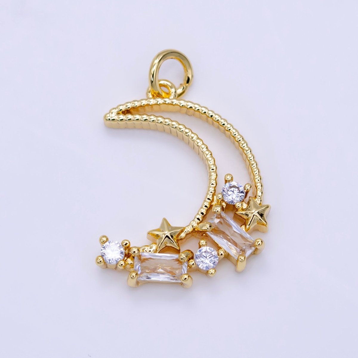 14K Gold Filled 9.5mm, 8.5mm Celestial Crescent Moon Stars Baguette CZ Open Charm | D036 037