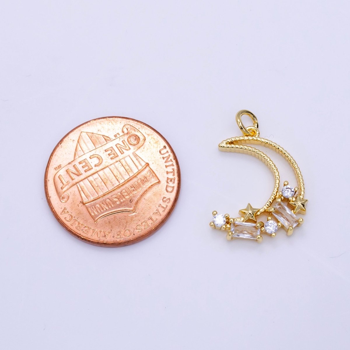 14K Gold Filled 9.5mm, 8.5mm Celestial Crescent Moon Stars Baguette CZ Open Charm | D036 037