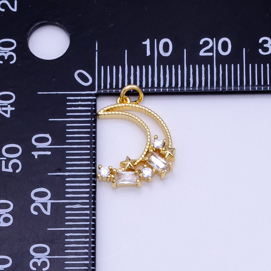 14K Gold Filled 9.5mm, 8.5mm Celestial Crescent Moon Stars Baguette CZ Open Charm | D036 037