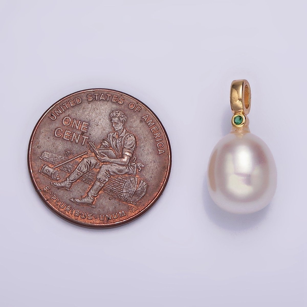 14K Gold Filled 9mm White Oval Freshwater Pearl Green, Fuchsia, Clear CZ Pendant | P1607 - P1609