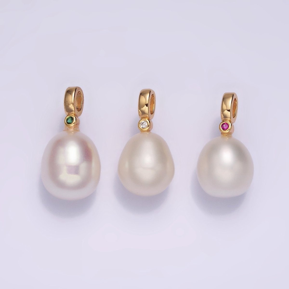 14K Gold Filled 9mm White Oval Freshwater Pearl Green, Fuchsia, Clear CZ Pendant | P1607 - P1609