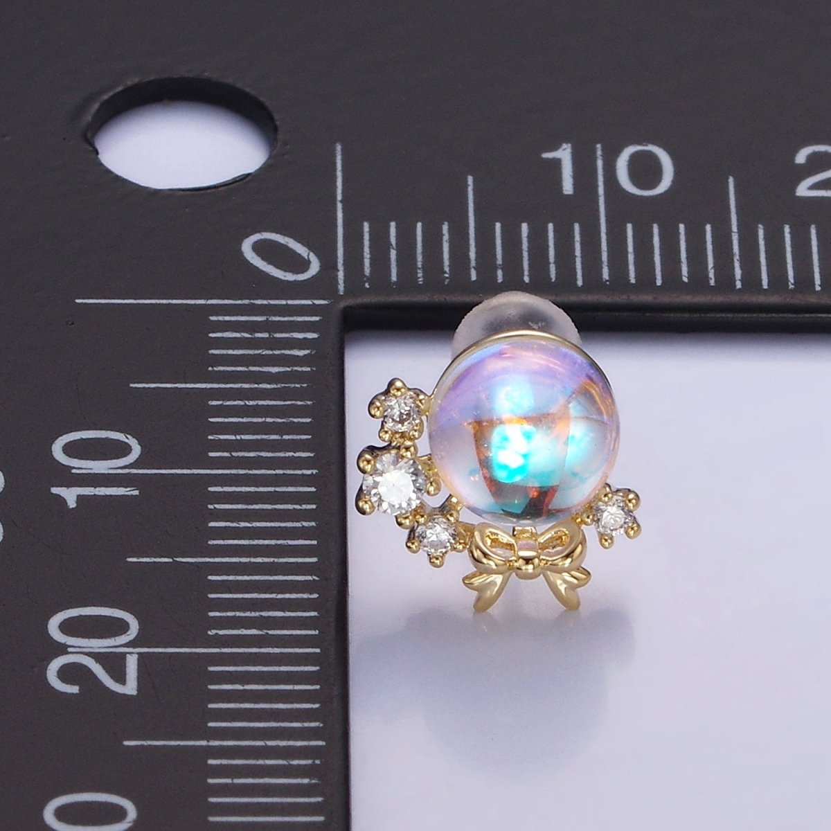 14K Gold Filled AB Iridescent CZ Circular Ribbon Bow Stud Earrings in Gold & Silver | V498 V499