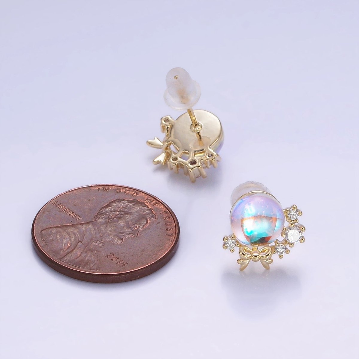 14K Gold Filled AB Iridescent CZ Circular Ribbon Bow Stud Earrings in Gold & Silver | V498 V499